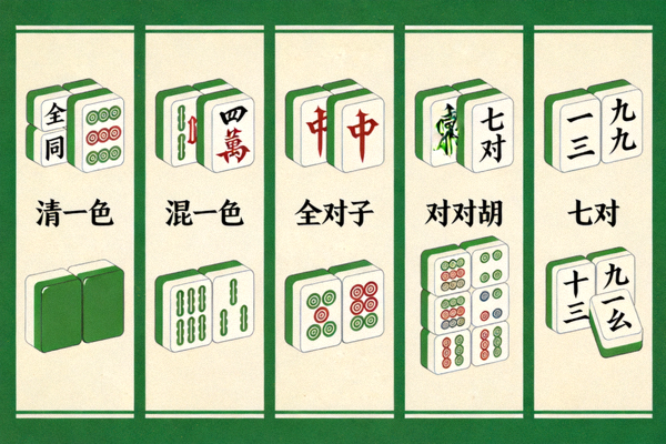 麻将常见牌型展示图 - 展示了几种典型的麻将和牌组合