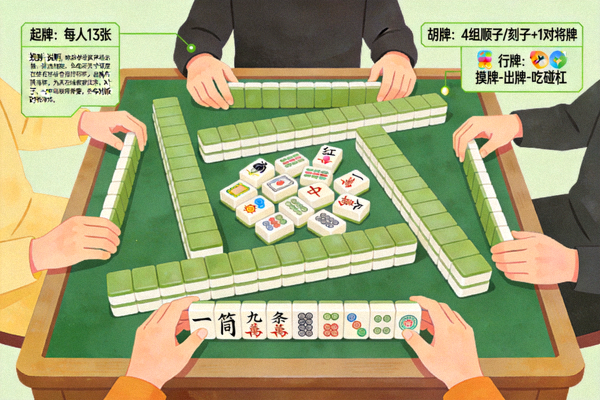 麻将基本规则示意图 - 四位玩家围坐麻将桌，桌上摆放着麻将牌