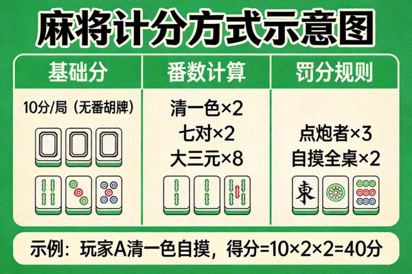 麻将计分方式示意图 - 一个计分板，上面有详细的分数计算示例