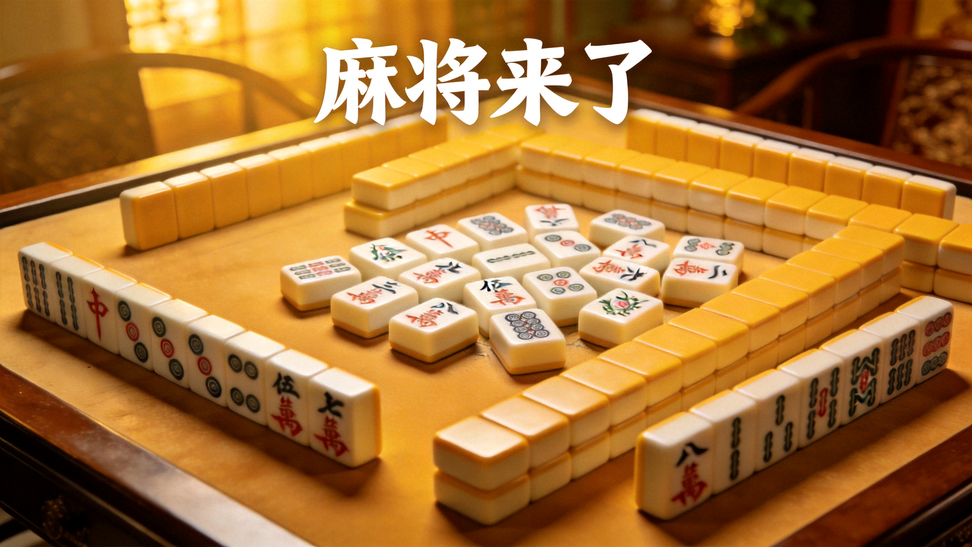 麻将来了网站主横幅背景图 - 一张精美的麻将牌桌，上面整齐摆放着麻将牌，背景光线柔和